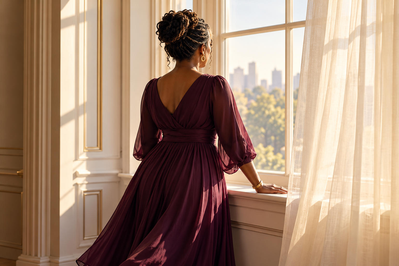 A woman in a plum dress looking toward the light through an open curtain
