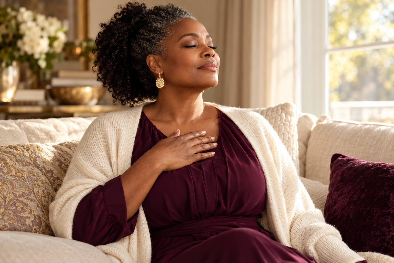 A woman resting on an ivory sofa, eyes closed and hand over her heart, taking a quiet breath